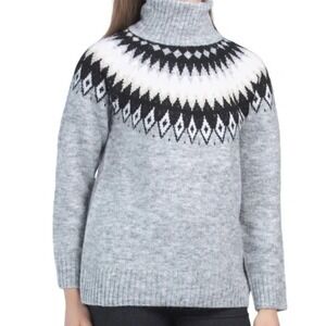 NWT Aspen Women Grey Fair Isle Turtleneck Sweater Pullover Knit Winter Grey Blk